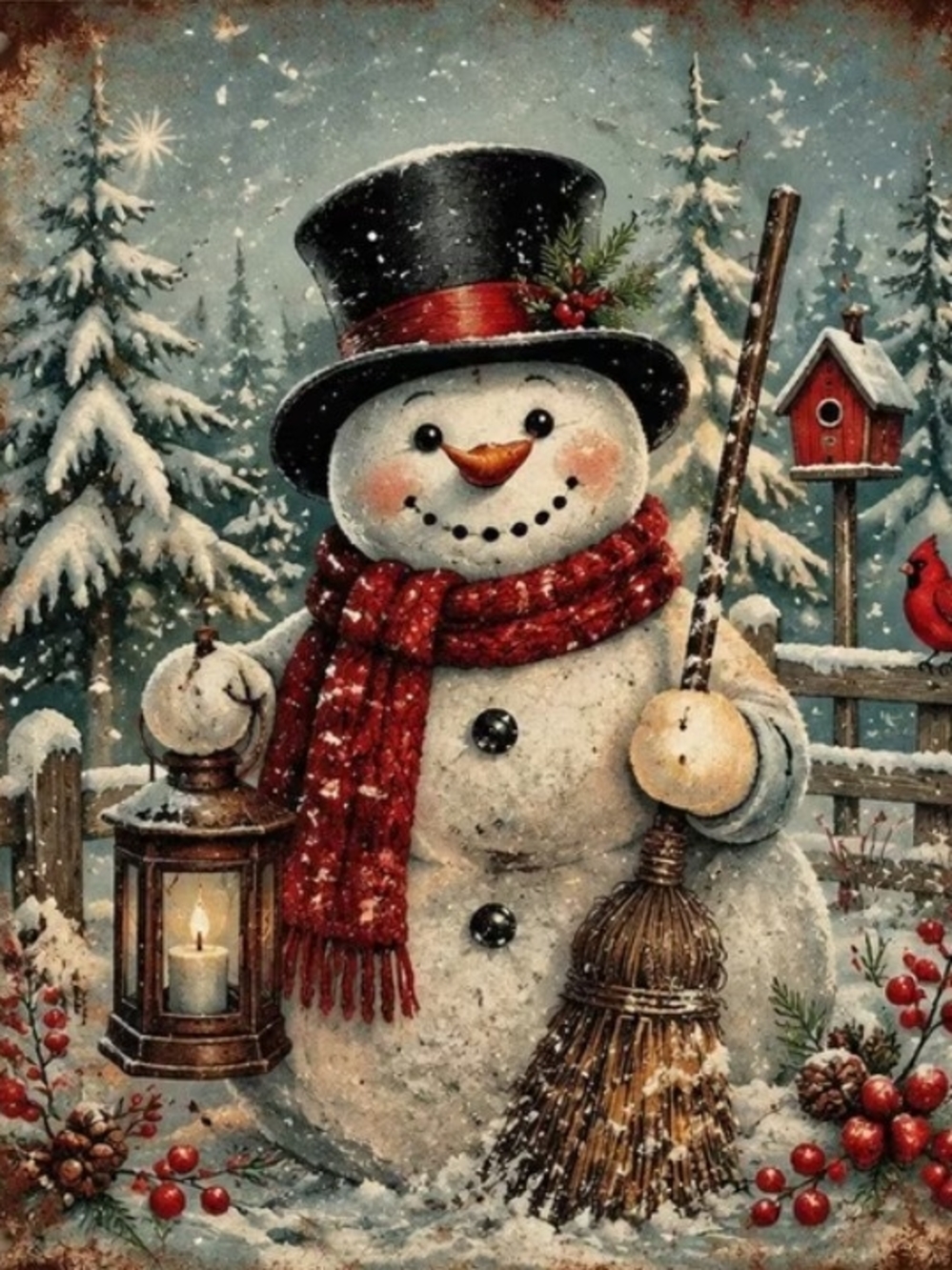 Vintage Snowman Holiday Wall Art Print - Red Scarf